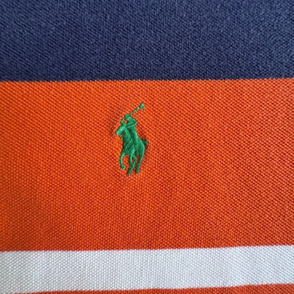 Polo Ralph Lauren Polo Shirt Mens M Orange Navy White Striped Preppy Pique Top